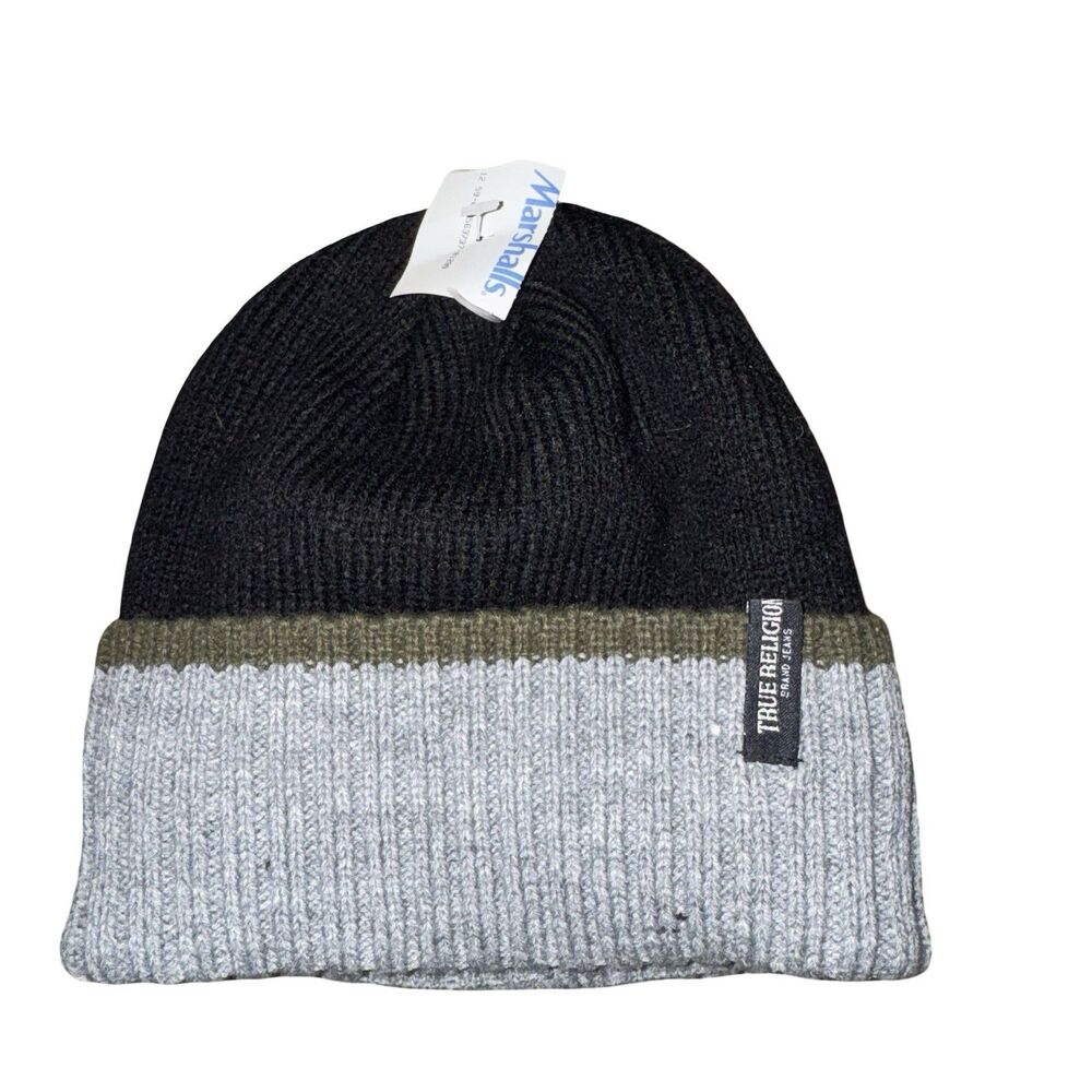 NWT True Religion Beanie Mens One Size Blck Grey Colorblock Faux Shearling Lined